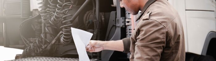 Truck,Driver,Is,Checking,The,Truck's,Safety,Maintenance,Checklist.,Mechanic